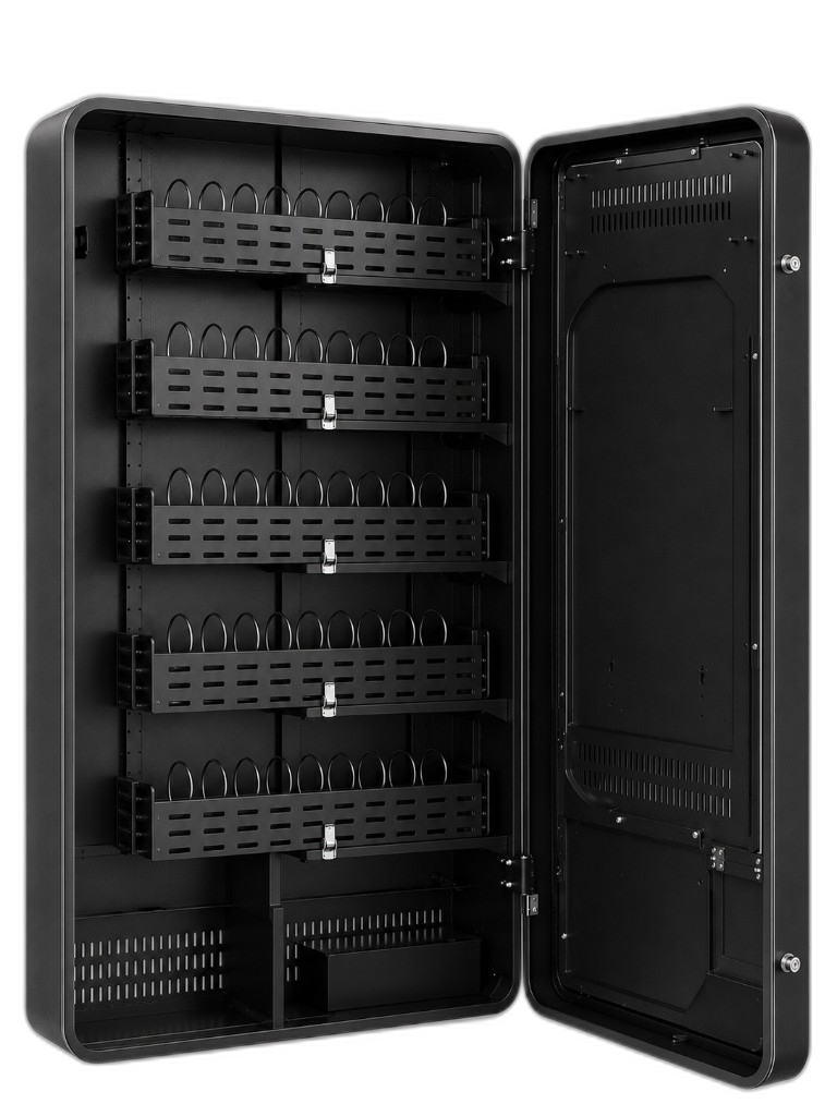 Máquina expendedora Compact negra, puerta abierta