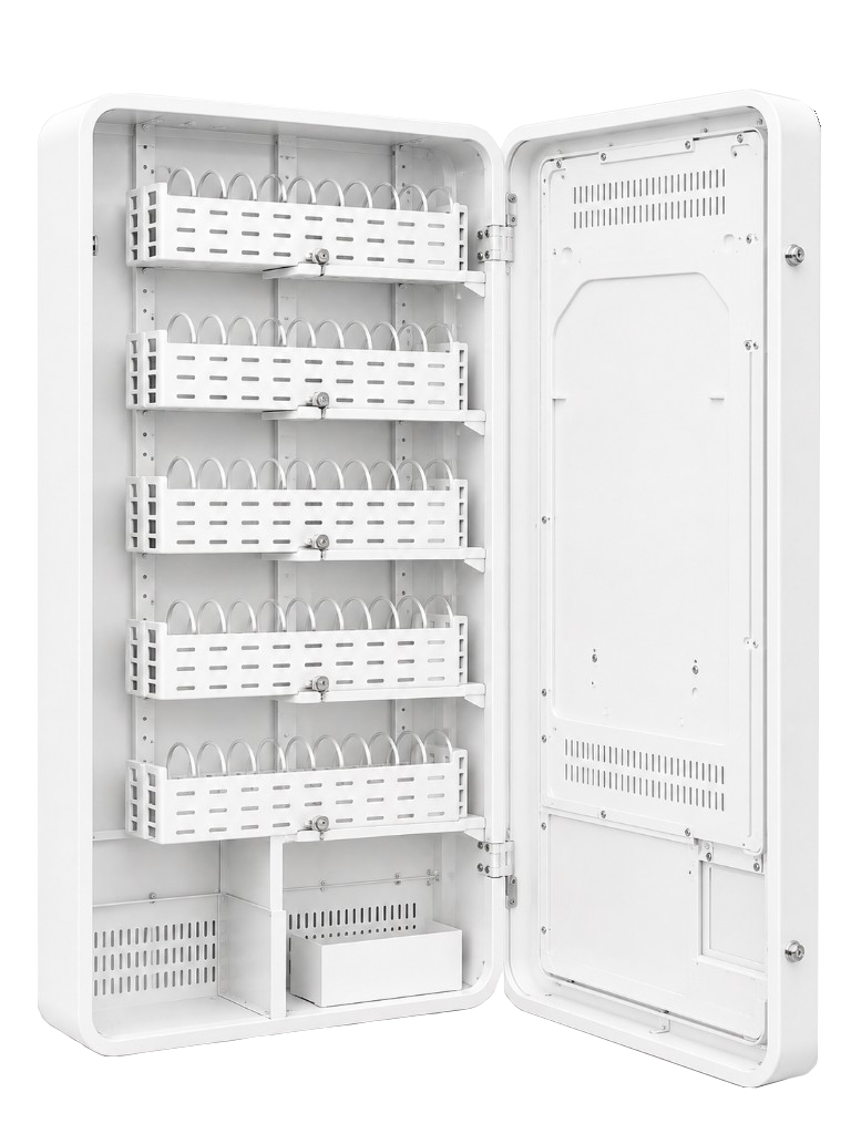 Máquina expendedora Compact blanca, puerta abierta