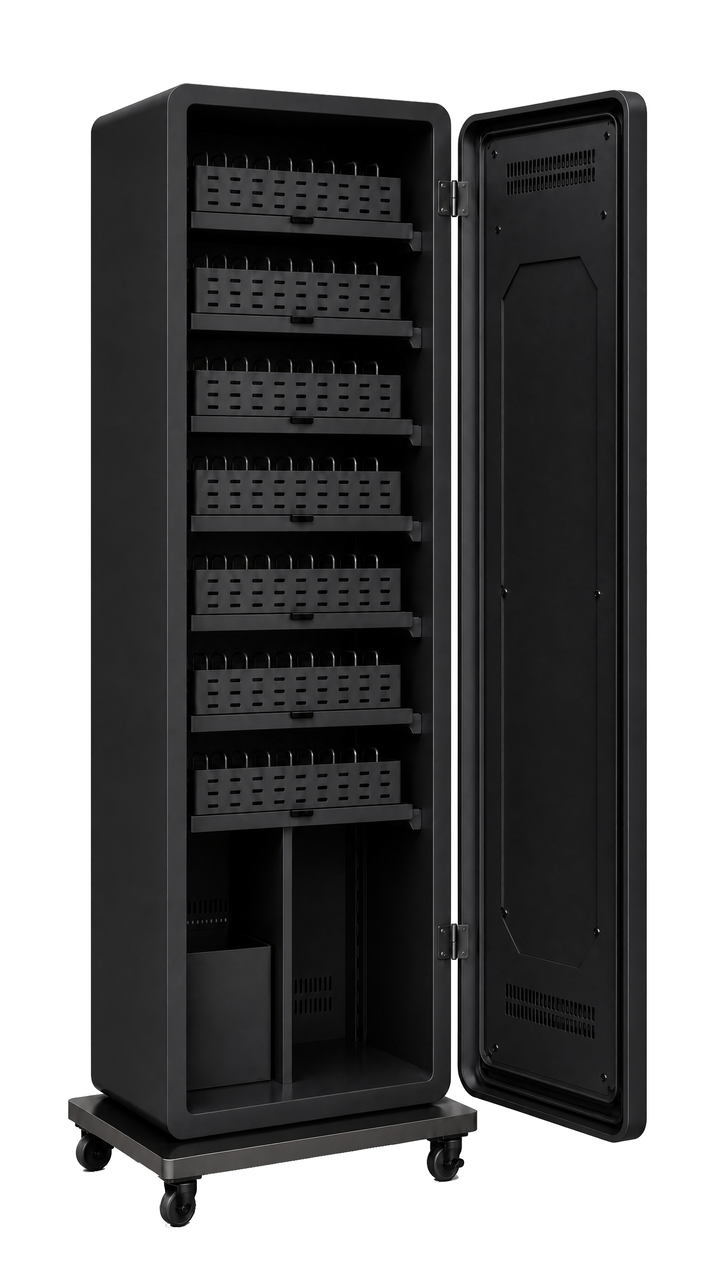 Máquina expendedora Tower negra, puerta abierta