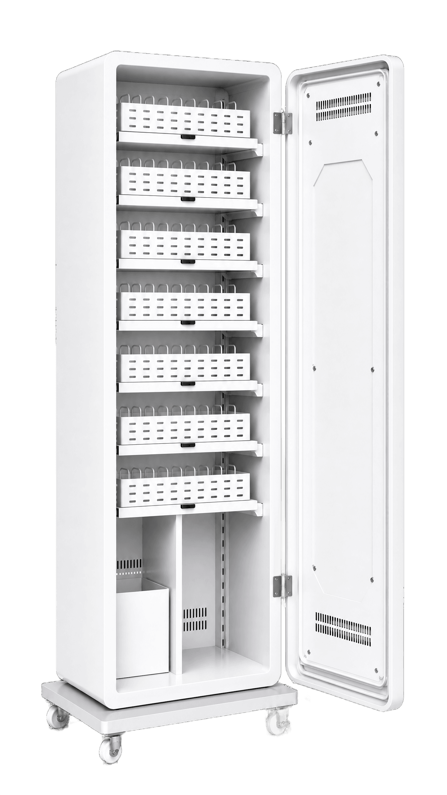 Máquina expendedora Tower blanca, puerta abierta
